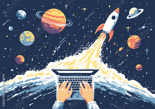 Un razzo parte da un laptop, simboleggiando l'innovazione tecnologica e l'esplorazione spaziale digitale.