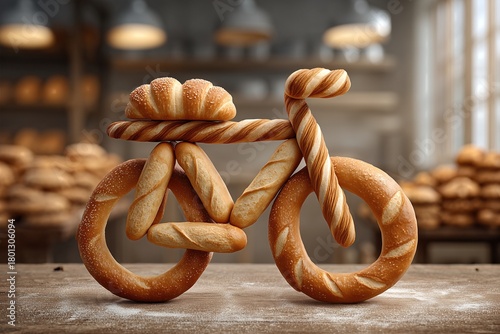 Bicycle Made Of Bread Types In Artisan Bakery. Pretzels, Baguettes, Rolls Form Creative Vehicle. Warm Interior Lighting Emphasizing Texture