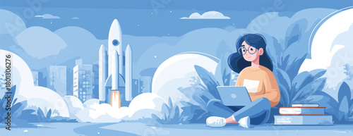 Donna che lavora al computer con un razzo in partenza sullo sfondo, concetto di innovazione e successo.