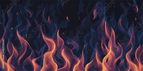 Fiamme ardenti e fumo blu su sfondo scuro, un'esplosione di energia astratta e calore.