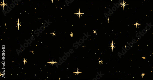 Scintillanti stelle dorate su sfondo nero, un pattern astratto e magico per design festivi.