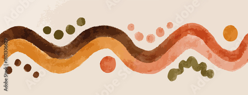 Motivo astratto con onde ondulate e punti in tonalità terra, stile acquerello