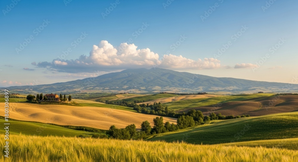 Naklejka premium Golden Tuscan Hills Under a Cloudy Sky, Tuscany, Italy, Landscape