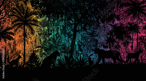 Silhouette di animali selvatici in una giungla vibrante e colorata, con palme e vegetazione lussureggiante.