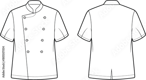 Chef coat technical sketch, short sleeve double breasted uniform design, front and back view, cad drawing flat vector illustration