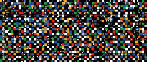 Astratto motivo a scacchiera con colori vivaci su sfondo nero, un pattern geometrico digitale.