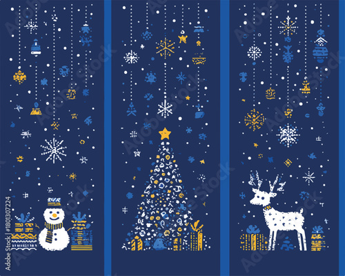 Illustrazione vettoriale di Natale con pupazzo di neve, albero e renna su sfondo blu con fiocchi di neve.