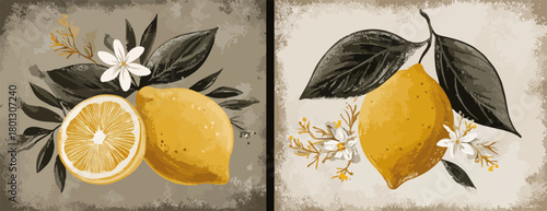 Illustrazione vettoriale di limoni gialli maturi con foglie e fiori bianchi su sfondo testurizzato.