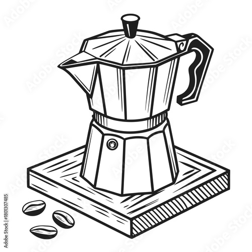 Stylized moka pot illustration with three coffee beans resting on a wood surface appears outlined