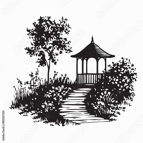 Calm Garden Path Scene with Gazebo Silhouette on white background