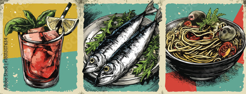 Illustrazione vettoriale di un cocktail rinfrescante, sardine fresche e un piatto di pasta.