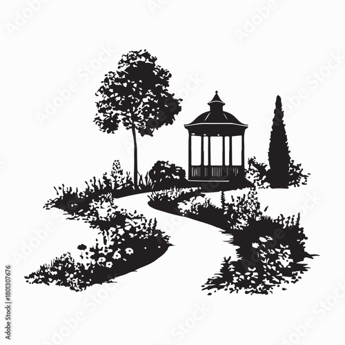Peaceful Garden Path with Gazebo Silhouette on white background