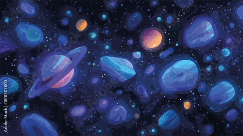 Universo colorato e vibrante con pianeti, stelle e nebulose in stile vettoriale.