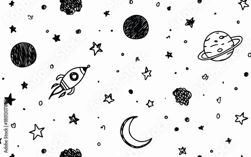 Vettore di sfondo spaziale disegnato a mano con razzi, pianeti, stelle e luna.