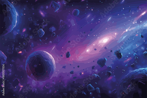 Vasto universo cosmico con pianeti, galassie e nebulose in vibranti colori viola e blu.