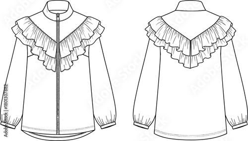 Fashion blouse flat vector illustration, technical sketch, ruffle detail design, front and back view, garment construction, stylish apparel