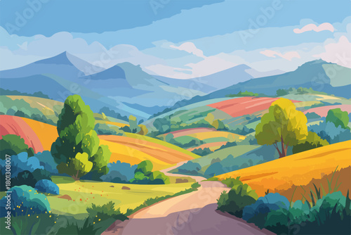 Paesaggio rurale stilizzato con campi coltivati, colline ondulate e montagne sullo sfondo.