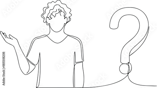 Person with curly hair and open hand next to question mark