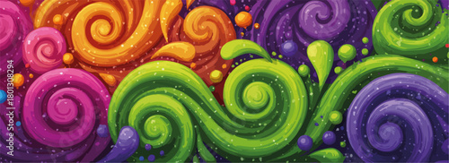 Vortici colorati e forme astratte creano un pattern dinamico e vibrante, pieno di energia.