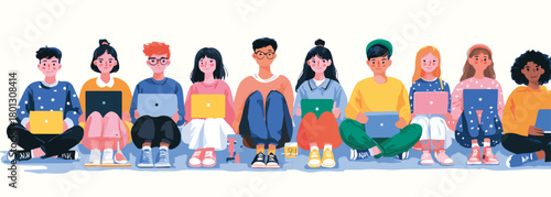 Un gruppo diversificato di giovani studenti seduti a terra con laptop, che rappresentano l'istruzione moderna e la tecnologia.