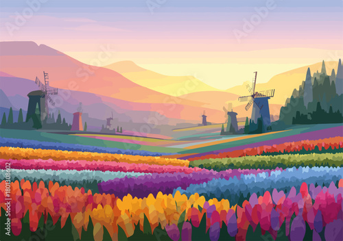 Campagna olandese con mulini a vento e campi di tulipani colorati al tramonto.