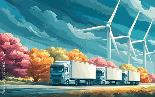 Camion che viaggiano su strada con turbine eoliche in background, concetto di trasporto sostenibile.