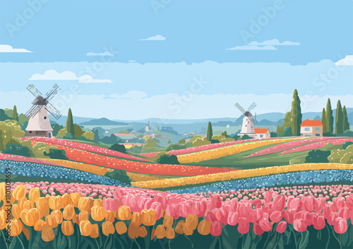 Campagna olandese con mulini a vento e campi di tulipani colorati in fiore sotto un cielo azzurro.