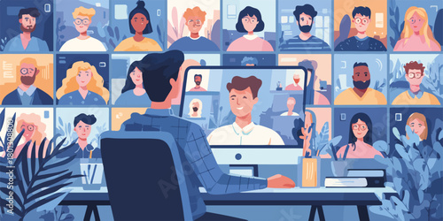 Riunione virtuale di un team diversificato tramite videoconferenza, collaborazione a distanza.