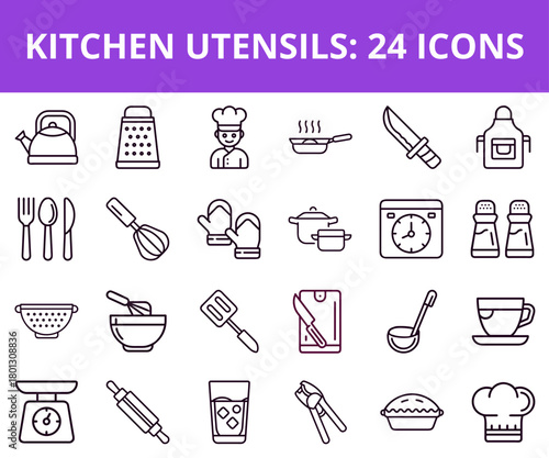 Kitchen utensils icons in minimalistic line art style with vibrant colors  