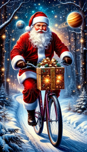 A cheerful Santa Claus in a red suit, riding a bicycle with a large gift through a snowy forest under a starry sky with planets, creating a magical and festive holiday mood