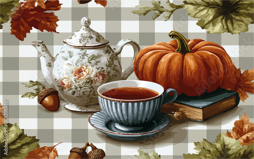 Un set da tè autunnale con zucca, ghiande e foglie su uno sfondo a scacchi