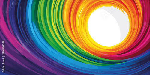 Vortice astratto di colori arcobaleno vibranti con spazio bianco al centro, sfondo dinamico.