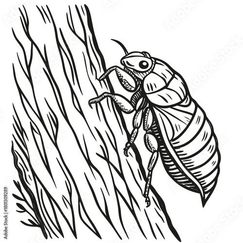Black and white shows a cicada shell clinging to textured tree bark