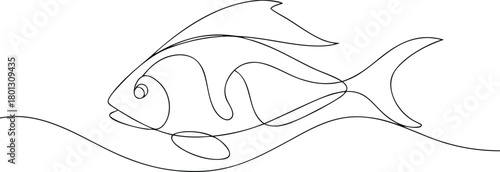 Single line drawing of a fish swimming in water ocean