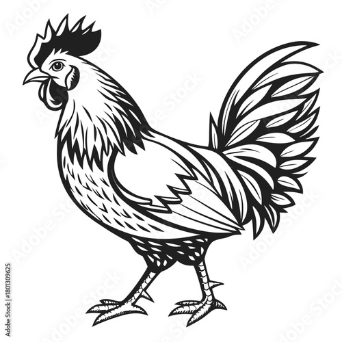 Stylized black and white drawing showcases a regal rooster standing tall against a white background