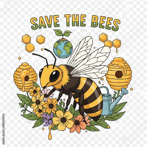 Save the Bees: Colorful Illustration Featuring a Bold Bee Among Flowers, Honeycomb, and a Clear Environmental Message.