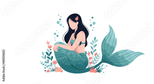 A beautiful mermaid with flowing dark hair and a scaled teal tail sits gracefully amidst colorful aquatic plants and bubbles.