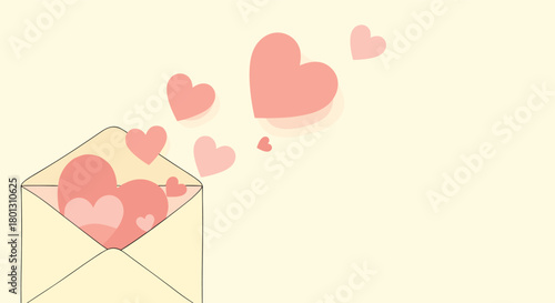 An open envelope releases a cascade of pink hearts on a soft, light-colored background, symbolizing love and romantic messages.