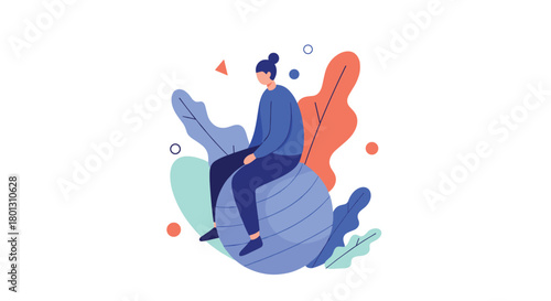 A serene illustration featuring a person with a bun sitting on an exercise ball, highlighting health, mindfulness, and gentle exercise.