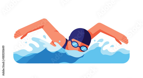 An athletic swimmer in a blue cap and goggles executes the front crawl stroke through clear water, creating dynamic splashes.