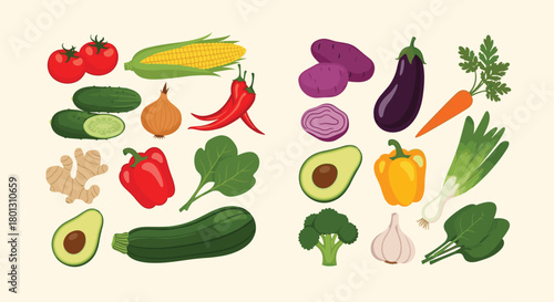 A vibrant and colorful collection of fresh, healthy vegetables, including root vegetables, greens, and fruits, arranged for a balanced diet concept.