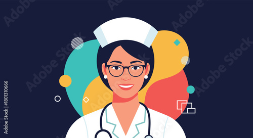 A cheerful female nurse with glasses and a stethoscope smiles confidently against a vibrant, abstract background filled with geometric shapes.