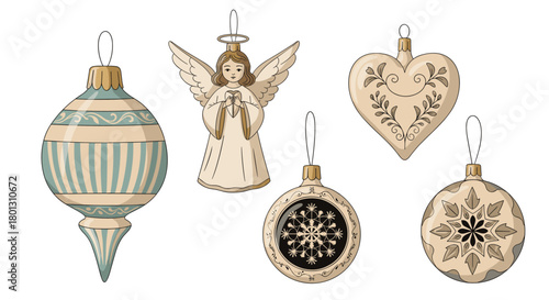 A charming collection of vintage-style Christmas tree ornaments, featuring an angel, heart, snowflake baubles, and striped drop shape in muted tones.