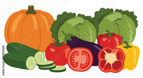 A diverse and fresh collection of healthy vegetables, including pumpkin, cucumbers, tomatoes, cabbage, eggplant, and bell peppers, ready for a healthy meal.
