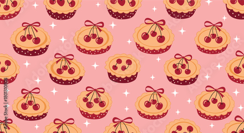 A delightful seamless pattern featuring cute cherry pies and tarts with red bows on a pastel pink background, adorned with twinkling white stars.