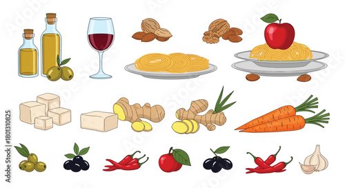 A colorful assortment of fresh and natural food ingredients including olive oil, wine, nuts, pasta, vegetables, and spices, isolated on white.