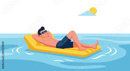 A man in sunglasses relaxes on a yellow inflatable raft in blue water under a sunny sky, enjoying his summer vacation.