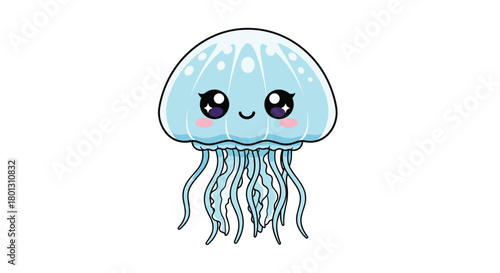 Cute blue kawaii jellyfish cartoon isolated on white background with big eyes and a happy smile.