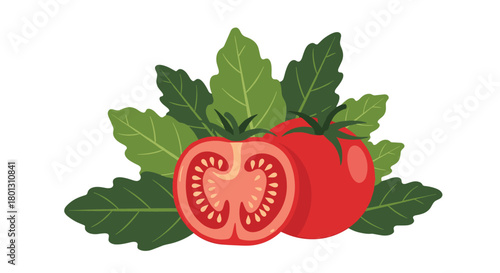 Vibrant red tomatoes, one whole and one cut to reveal its juicy interior with seeds, nestled among fresh green leaves, depicted in a flat graphic illustration style.