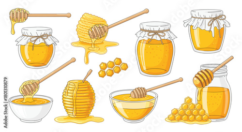 Sweet honey products showcased in a delightful cartoon style, featuring jars, bowls, beehives, honeycombs, and wooden dippers.